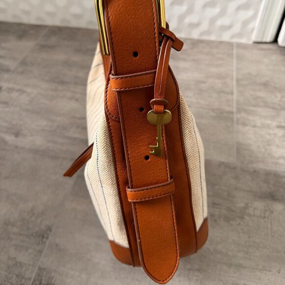 FOSSIL Tan W/ Blue Stripes HANNAH HOBO Canvas & Leather Shoulder Bag - Picture 13 of 16